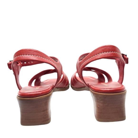 Vintage 90s Trotters Red Leather Stacked wood heel Square open Toe Sandals 7N - Picture 4 of 7